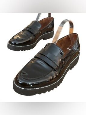 Franco Sarto Cassandra blk patent lug sole penny loafers WM 9 dark academia